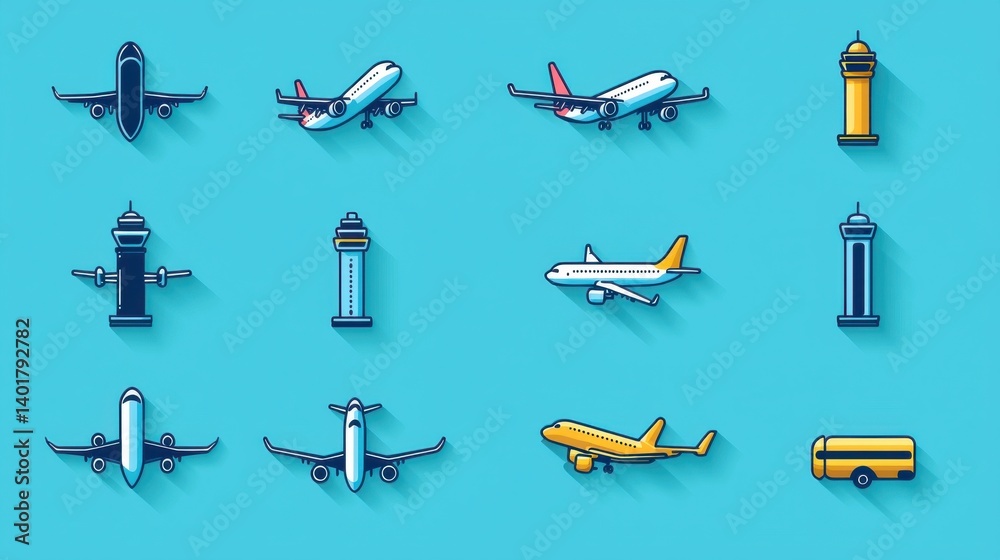 This image features a collection of minimalist stylized outline icons depicting various elements of air transportation including airplanes airports control towers and more