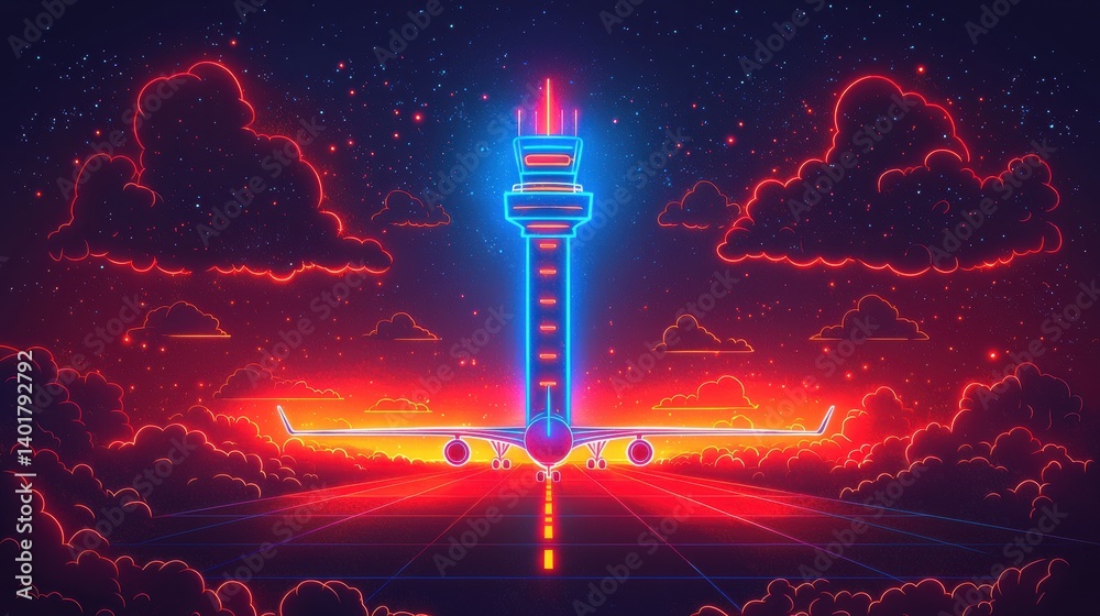 A dramatic futuristic depicting an airport at night with a commercial airplane taking off amidst a backdrop of glowing neon lights clouds and a vibrant sky
