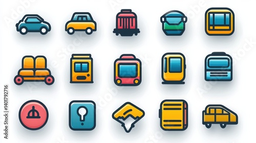 Obraz na płótnie A collection of 15 minimalist outline icons depicting various modes of urban transportation including cars taxis buses luggage and other related elements w salonie