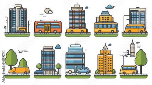 Obraz na płótnie Vibrant and minimalist depicting a diverse range of buildings vehicles and infrastructure that represent the dynamic nature of modern urban environments and transportation systems w salonie