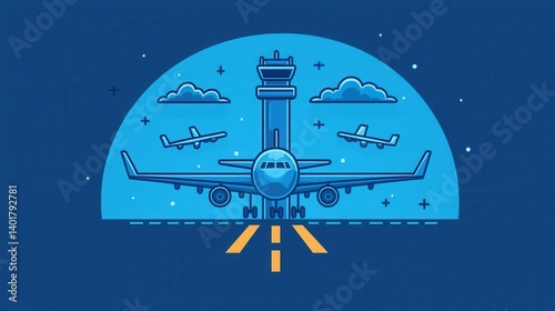 An depicting a nighttime airport scene with multiple airplanes taking off or landing on the runway a control tower and the surrounding infrastructure and facilities