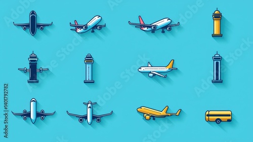 Obraz na płótnie This image features a collection of minimalist stylized outline icons depicting various elements of air transportation including airplanes airports control towers and more w salonie