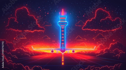 Obraz na płótnie A dramatic futuristic depicting an airport at night with a commercial airplane taking off amidst a backdrop of glowing neon lights clouds and a vibrant sky w salonie