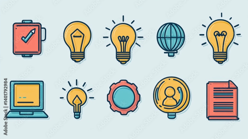 This image depicts a set of 15 outline icons that represent various team innovation related concepts including brainstorming technology workflow progress and problem solving