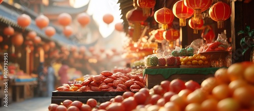 Asian market produce, lanterns, shoppers