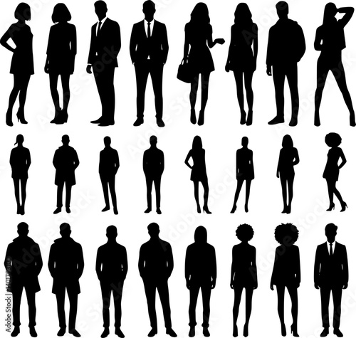Vector silhouettes man and women, illustration. Silhouettes of young people posing in casual clothes. EPS 10 version.