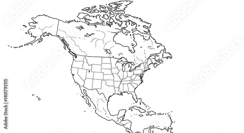 North America Outline Map:  Simple Black Line Art, States Highlighted