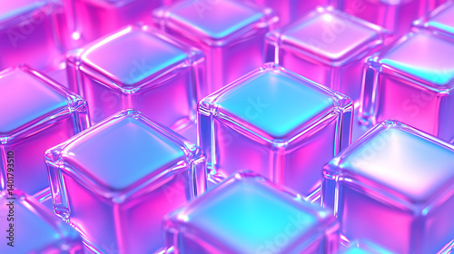 colorful geometric pattern with glowing glassy cubes in neon lights, holographic neon plexiglass cubes background, vaporwave 3d abstract pattern, 3d holographic jelly cubes