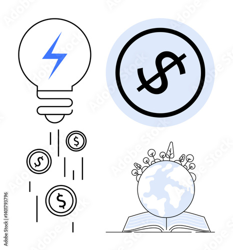 Light bulb releasing coins, dollar sign in a circle, globe with sprouts on a book. Ideal for innovation, finance, education, sustainability, green energy global development. Flat simple metaphor