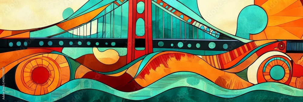 Abstract illustration of a bridge over water with swirling patterns and vibrant colors.