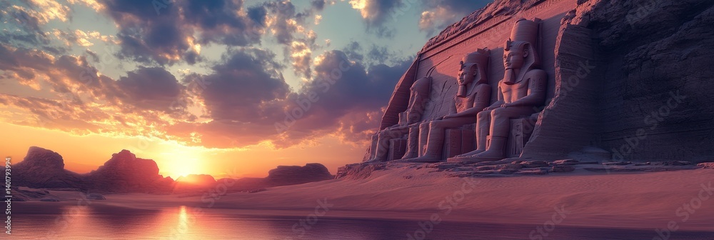 Sunset over water with rocks and clouds in a colorful landscape.