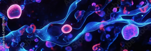 Abstract rendering of cells or microorganisms with blue filaments on a dark background.