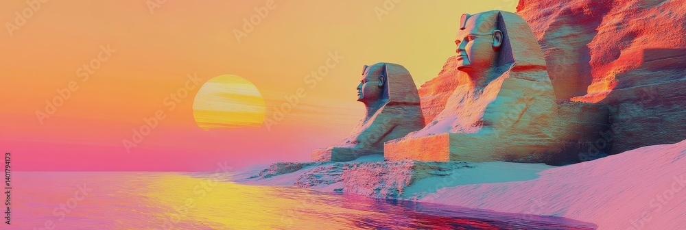 Two sphinx statues are silhouetted against a colorful sunset sky and water.