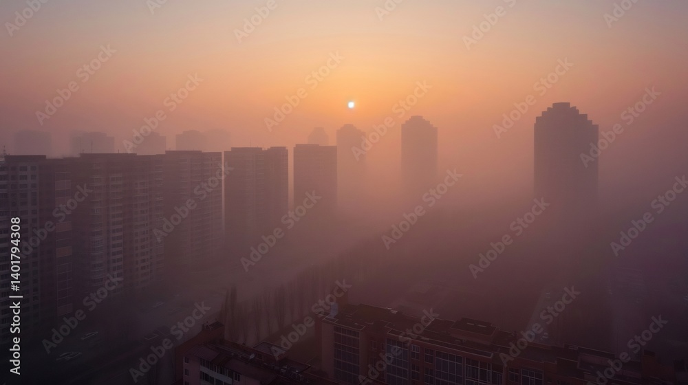 Fototapeta premium City covered in thick smog with people struggling to breathe in polluted air