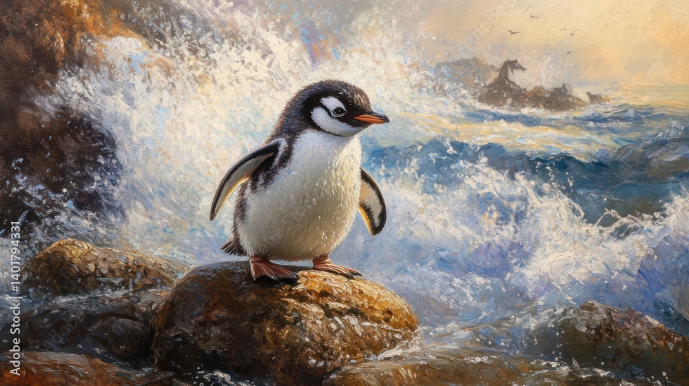 Fototapeta premium Captivating oil painting of a lone penguin standing proudly on a rock near the turbulent sea