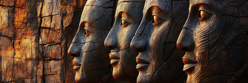 Row of stone faces in profile with a brick wall background.