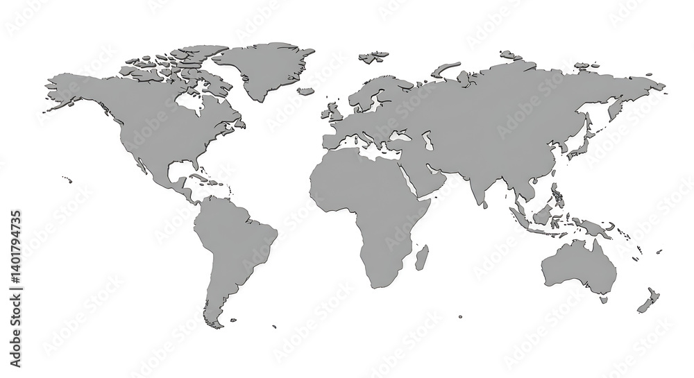 Naklejka premium Simplified World Map: Gray Scale, Neutral Background