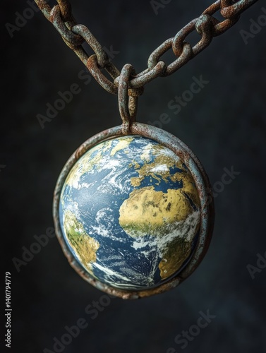 Planet Earth in chains symbolizes global political control and oppression in a striking representation of authority and constraint