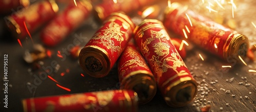 Festive firecrackers burst on wood; sparks fly