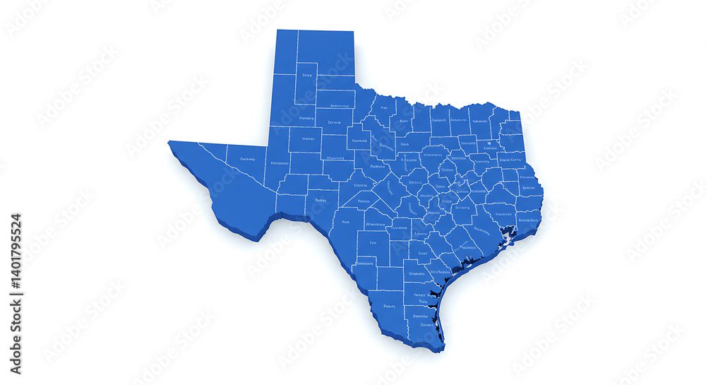 Obraz premium 3D Render of Texas County Map, Blue Relief, Isolated White Background
