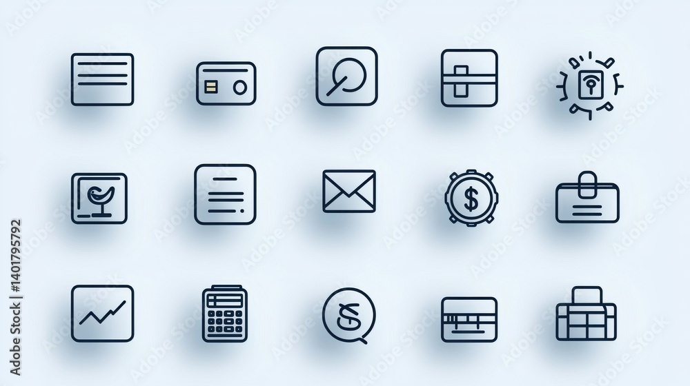 A collection of minimalist icons representing various financial and banking related concepts depicted in a clean outline style for use in digital applications and interfaces A collection of minimalist icons representing various financial and banking related concepts depicted in a clean outline style for use in digital applications and interfaces