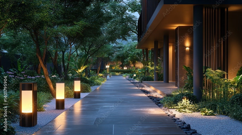 Obraz premium Enchanting illuminated garden pathway leading to modern architectural structure