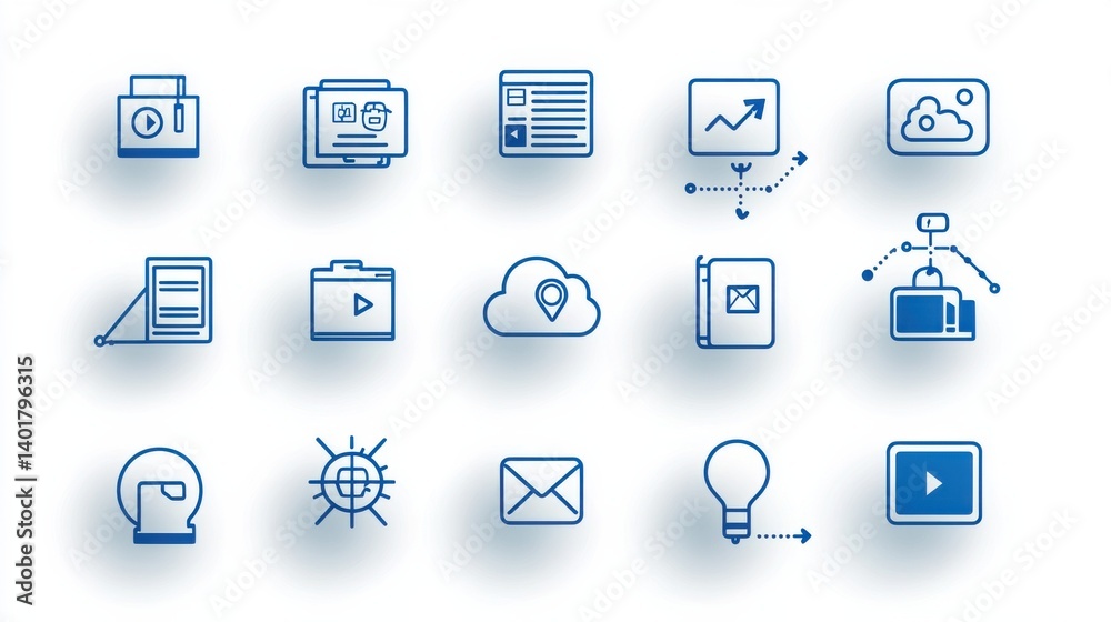 This image depicts a set of 15 minimalist and modern looking outline icons designed for user interface application or website use This image depicts a set of 15 minimalist and modern looking outline icons designed for user interface application or website use