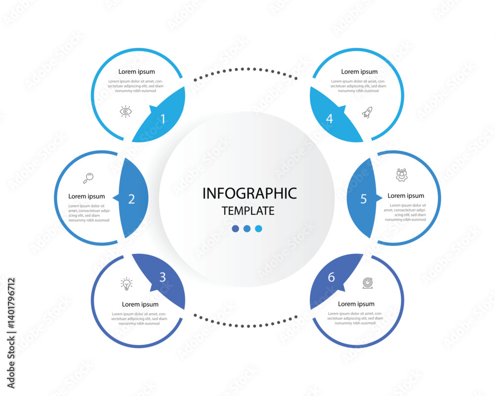 6 step process infographic template. Vector diagram circle. Information graphic design. 