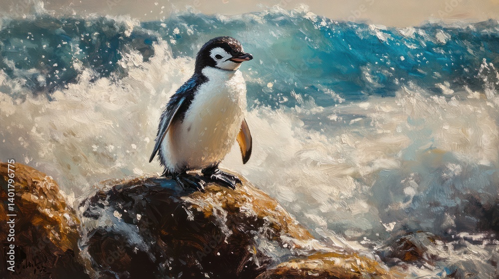 Naklejka premium Penguin Majesty: A Portrait of Coastal Life Amidst Crashing Waves and Rocks