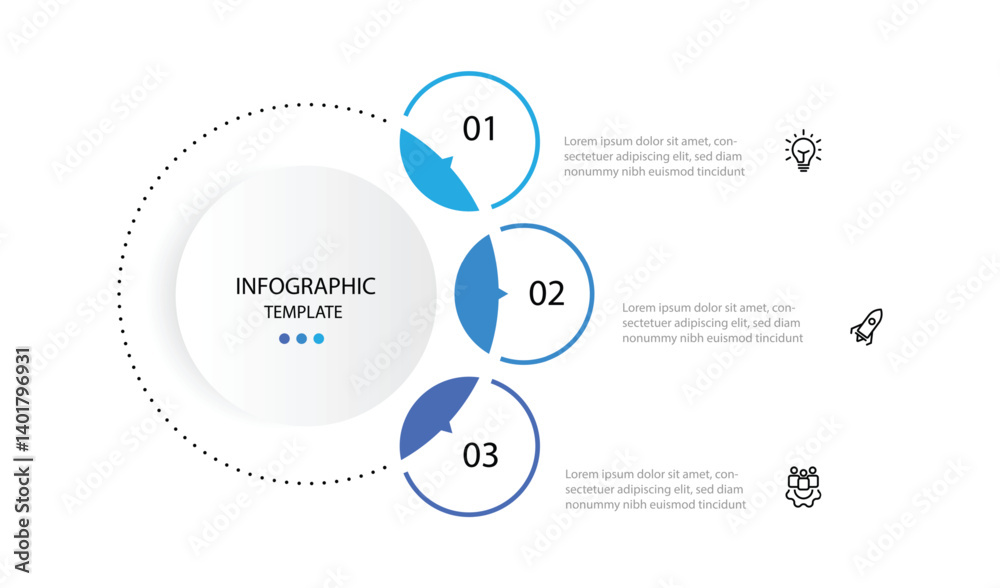 3 step circle infographic template. Diagram business information with icons and line circle connected 