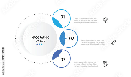 3 step circle infographic template. Diagram business information with icons and line circle connected 