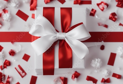 gift white bow red decoration frame ornament text background new year celebration copy space silk cardboard box present satin package pack photo anniversary ribbon ornate tied knot shiny design