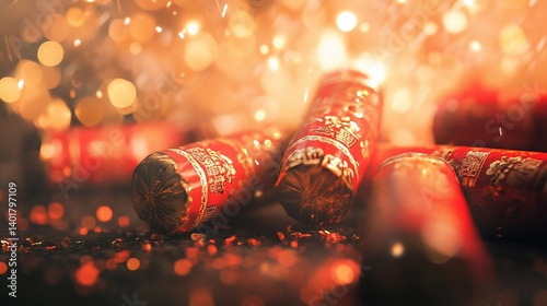 Festive red firecrackers sparkle, celebration, New Year
