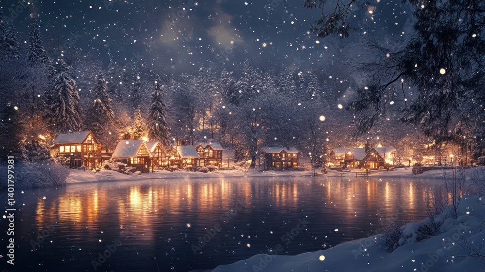 Idyllic winter landscape with cabins reflecting in the tranquil lake during snowfall Idyllic winter landscape with cabins reflecting in the tranquil lake during snowfall