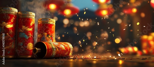 Festive firecrackers explode, sparks fly, lanterns glow, Asian celebration
