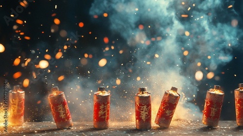 Exploding firecrackers, festive sparks, dark background, celebration