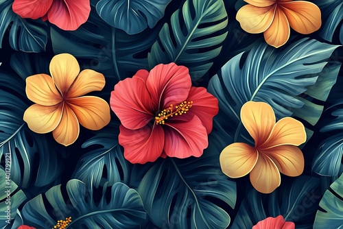 Wallpaper Mural Vibrant Pink Hibiscus Flowers with Lush Green Leaves on a Light Background Torontodigital.ca