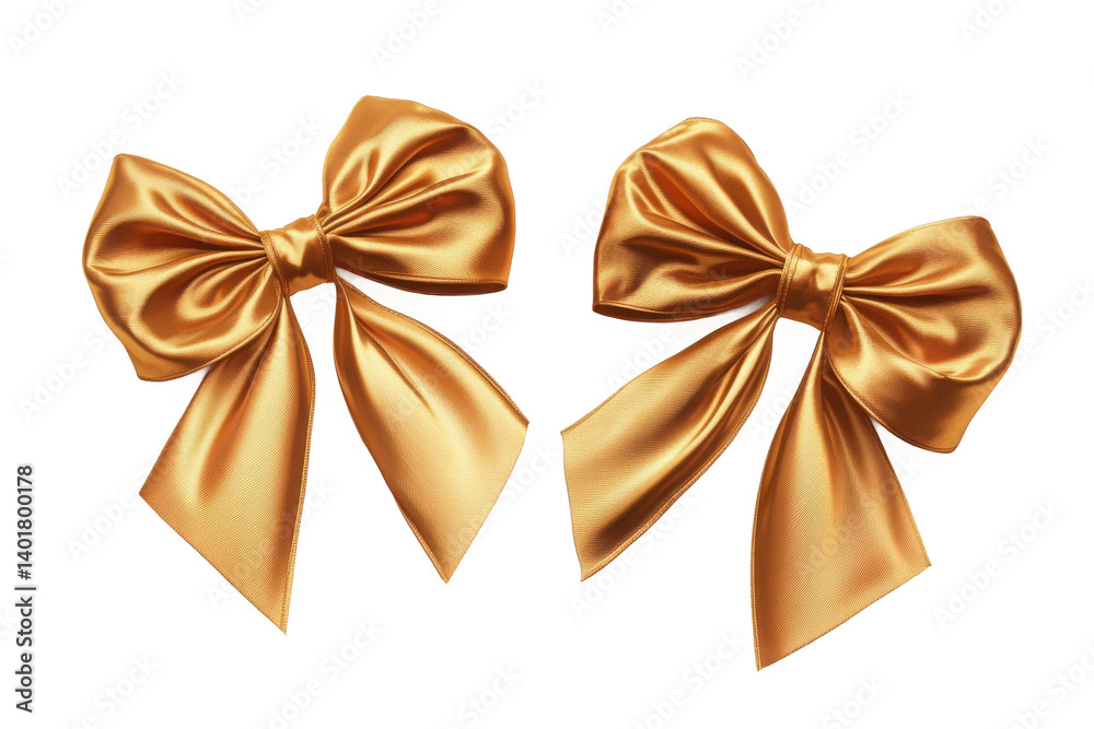 Two golden bows with a satin texture isolated on a background Two golden bows with a satin texture isolated on a background