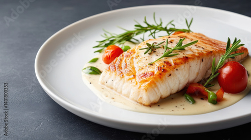 A Grilled salmon fillet with creamy sauce, garnished with cherry tomatoes and rosemary on white plate