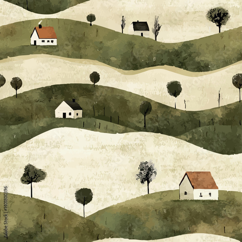 Seamless pattern collection of charming landscapes with small houses, rolling hills, and trees. Ideal for children’s products, fabric, wallpaper, and cozy countryside themes.