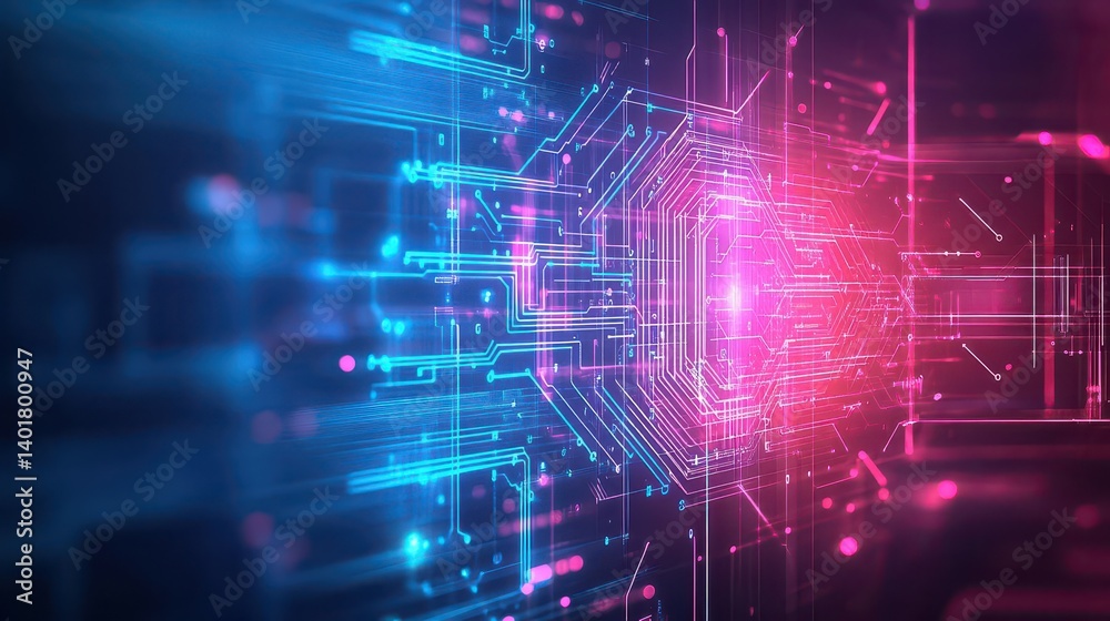 Obraz premium Vibrant Computer Circuit Board Illuminated by Red and Blue Lights Creating a Futuristic and Dynamic Technology Environment for Innovation and Design
