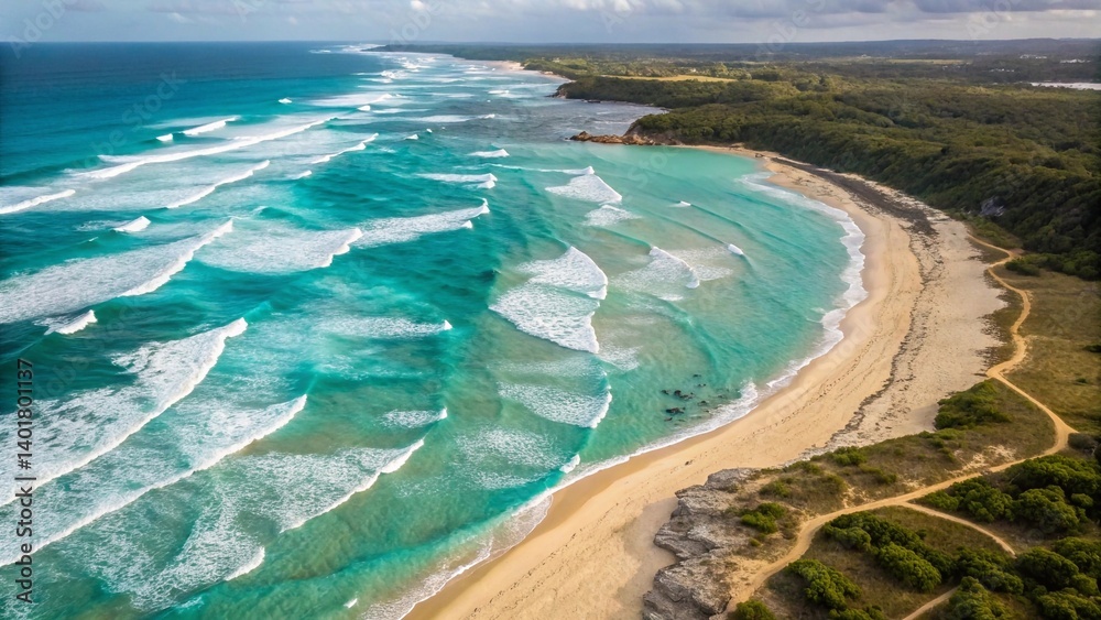 Obraz premium Aerial View of Turquoise Ocean Waves and Sandy Beach – Tropical Paradise Coastline