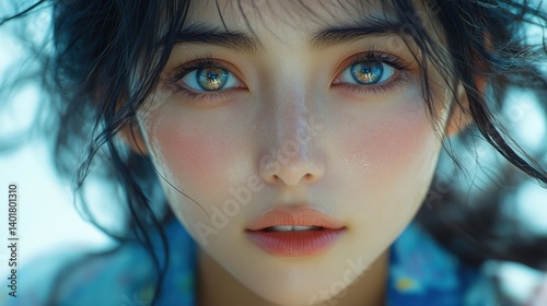 A gorgeous girl with striking blue eyes gazes intently at the viewer