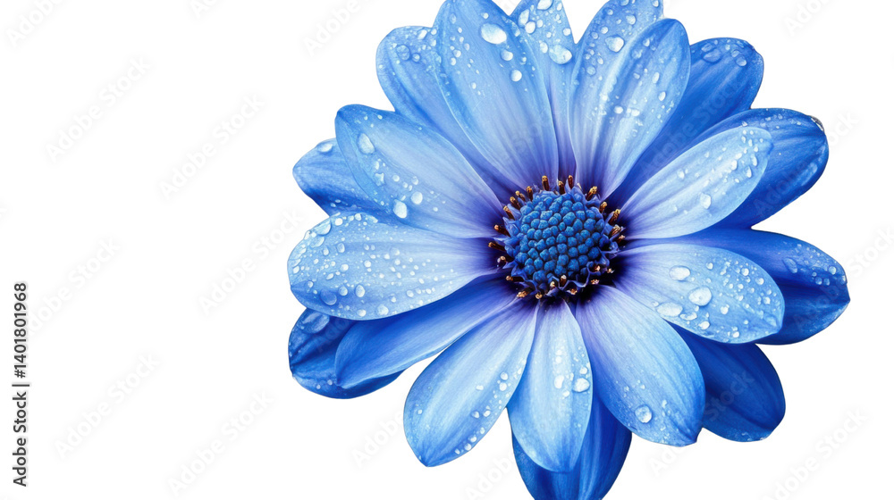 Obraz premium Blue Flower with Water Droplets Isolated on White Background