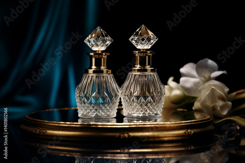 
Luxury perfume duo (day and night sprays) on a velvet cloth, diamond-shaped bottle caps, moody lighting