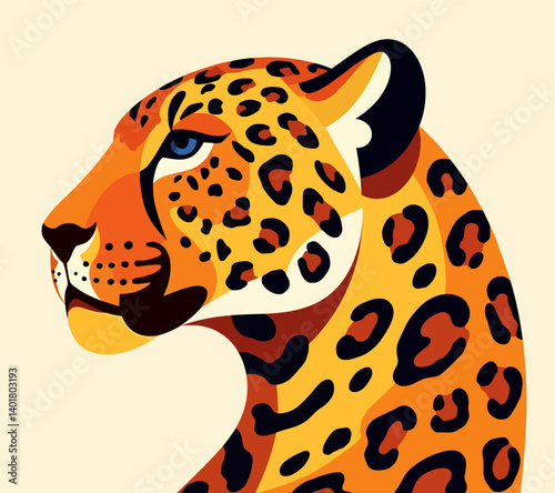 Vector Illustration of Leopard Head in Profile with Bold Animal Print Pattern and Bright Colors