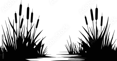 Silhouette of Cattails in a Calm Marsh Scene