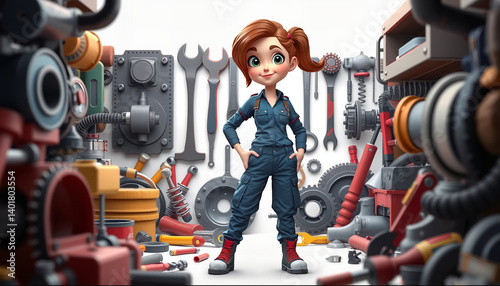 Cartoon mechanic girl smiling in a workshop full of tools  