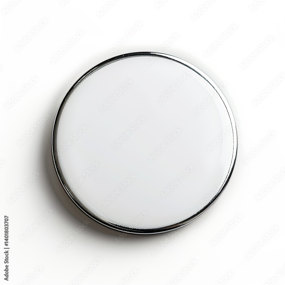 A round, white button with a metallic edge, likely used for control or decoration. isolated on white background A round, white button with a metallic edge, likely used for control or decoration. isolated on white background