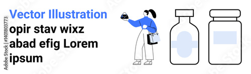 Female researcher examining a flask, jotting notes, and two medicine bottles representing healthcare, science, research, innovation, laboratory work, medical studies education. Ideal for flat